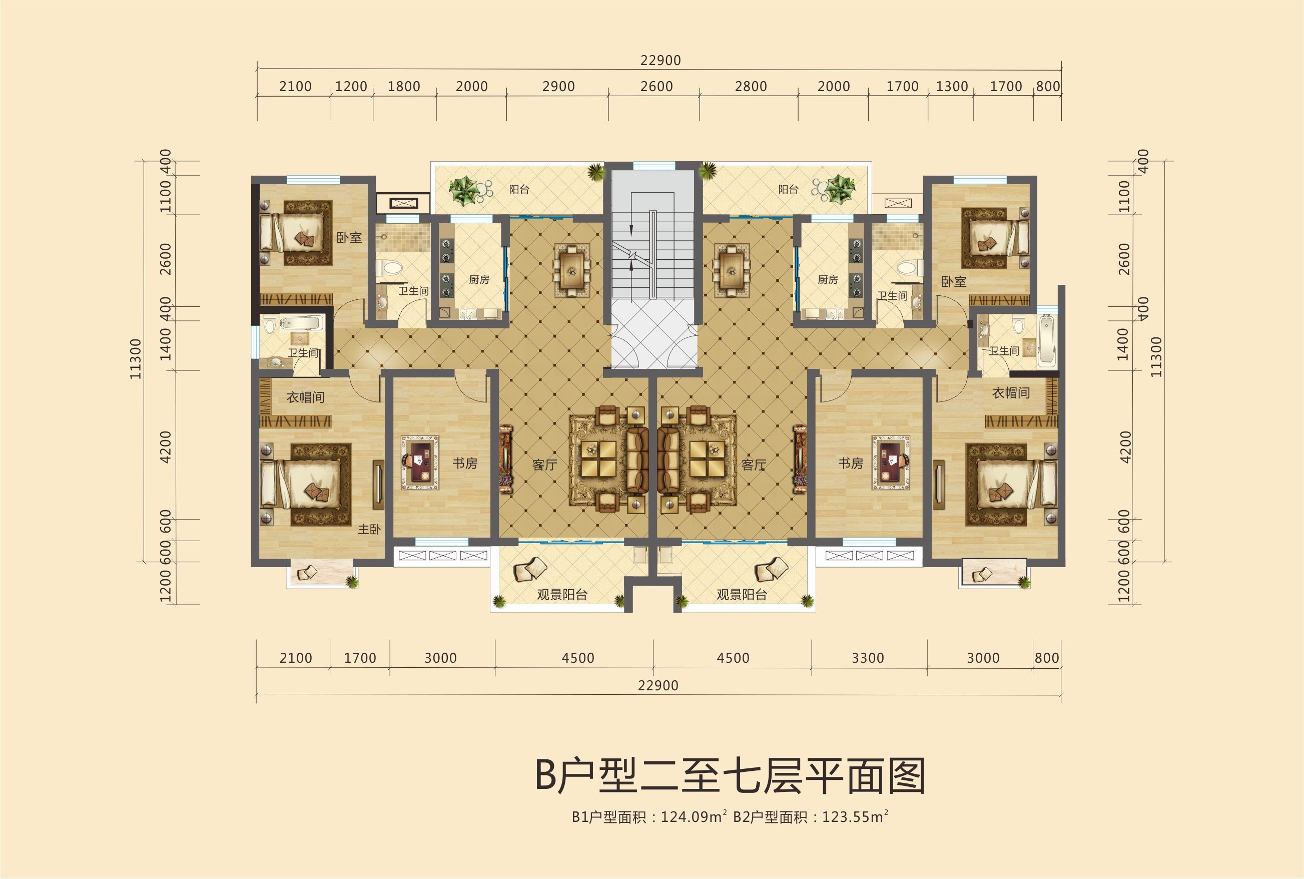 B户型2-7层平面图 